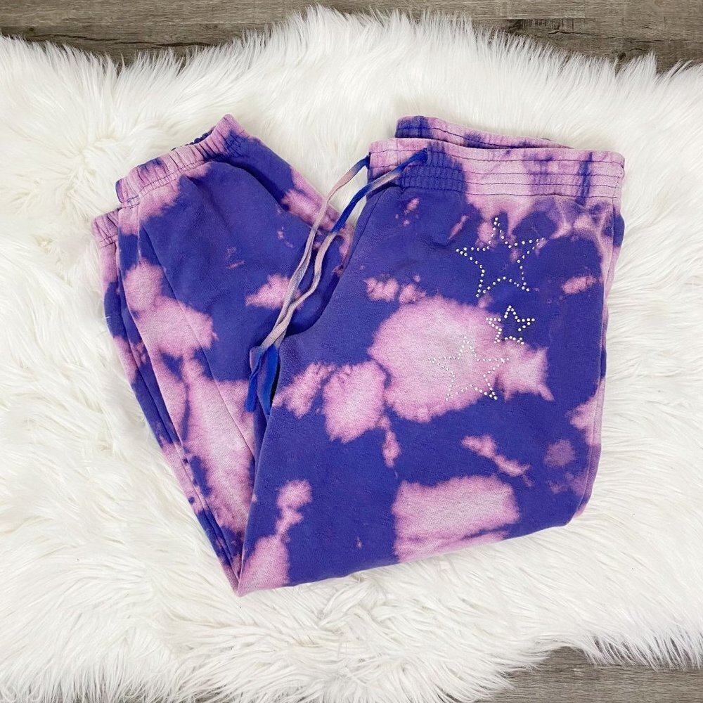 Upcycled Custom Bleach Tie Dye Jenni Star Rhinestone Cropped Jogger Sweatpants - Picture 1 of 8